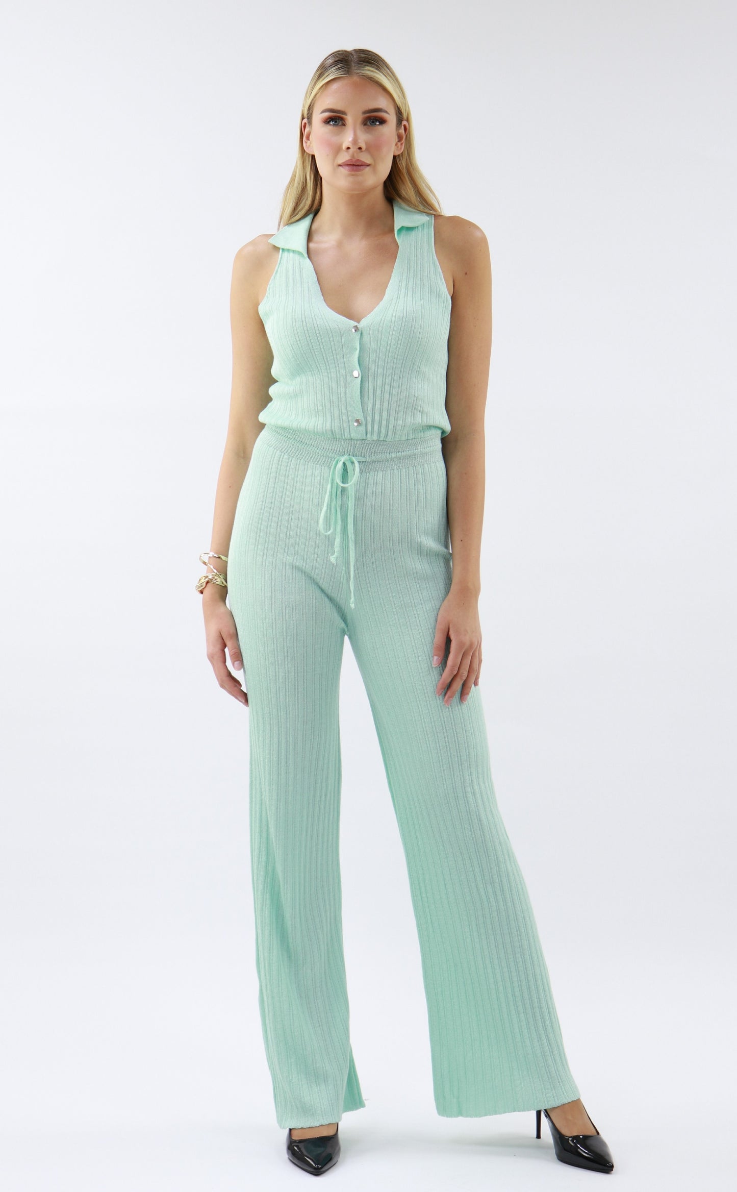 Collared Jumpsuit In Mint Green