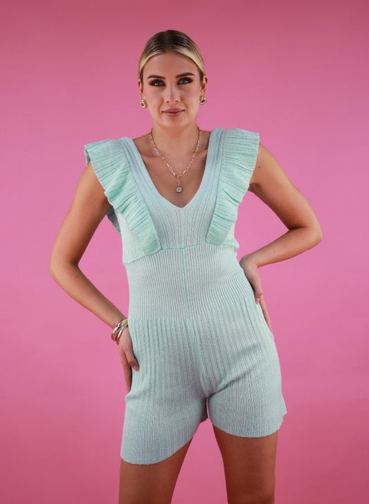 Flared Romper In Teal Green