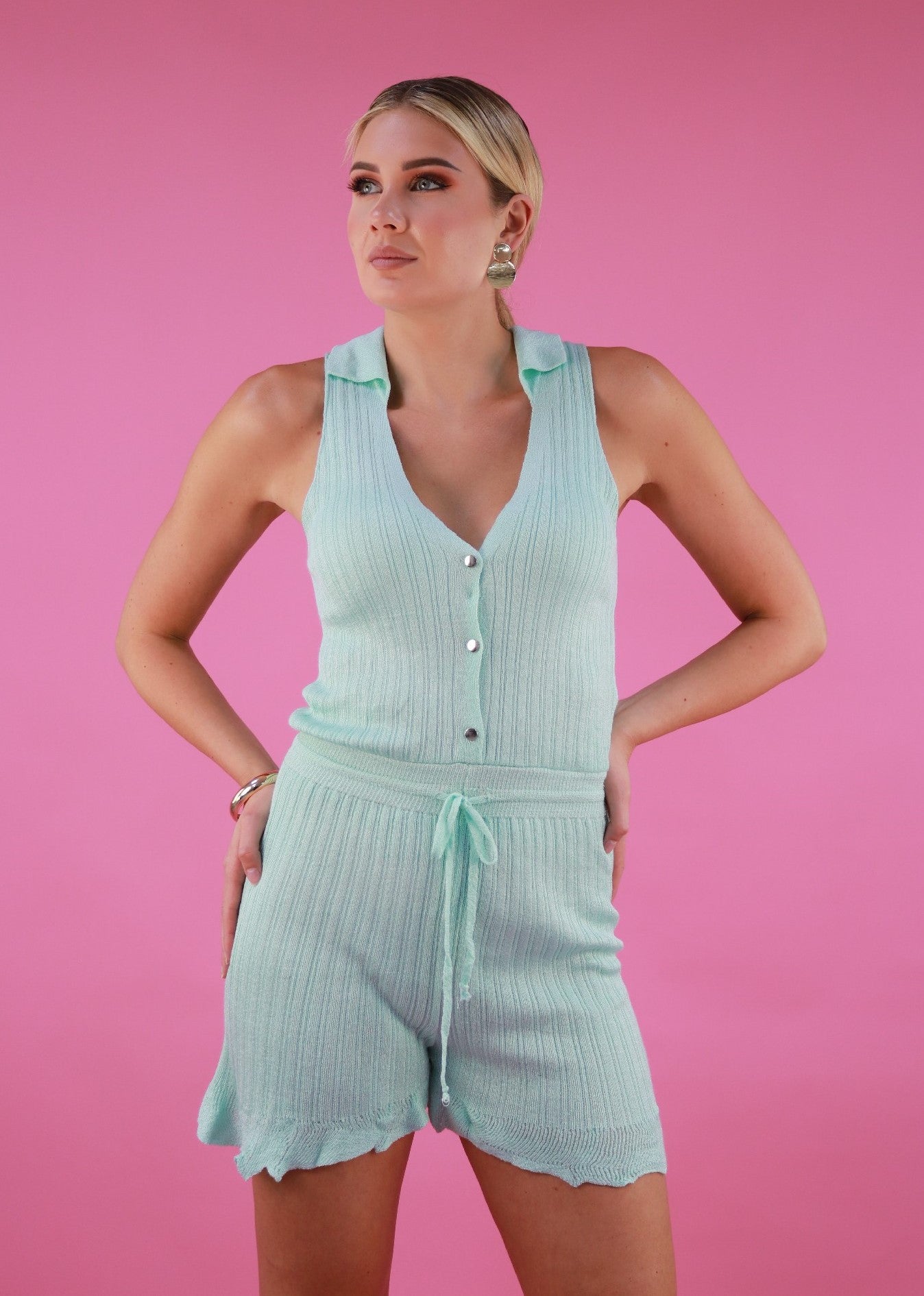 Collared Romper In Mint Green